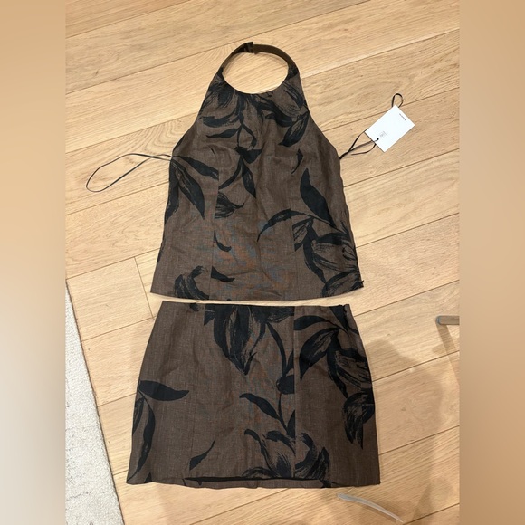 Reformation Tops - Reformation Avielle Black Floral Linen Halter Top & Mini Skirt Set